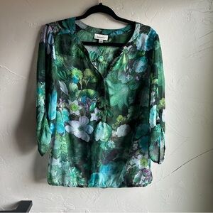 Dressbarn Sheer Flowy 3/4 Sleeve Blouse with Vibrant Forest Theme Fairycore Sz L